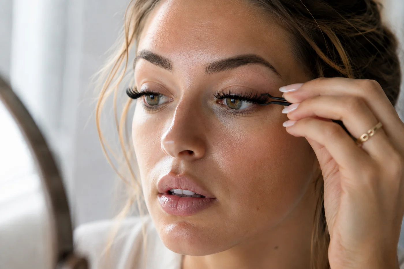 Frau setzt sich mit einer schwarzen Pinzette künstliche Wimpern am oberen Wimpernkranz an