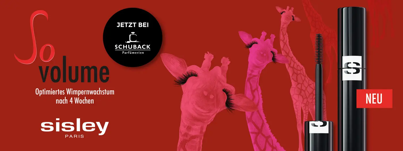 Mascara und Parfümerie Logo vor rotem Hintergrund