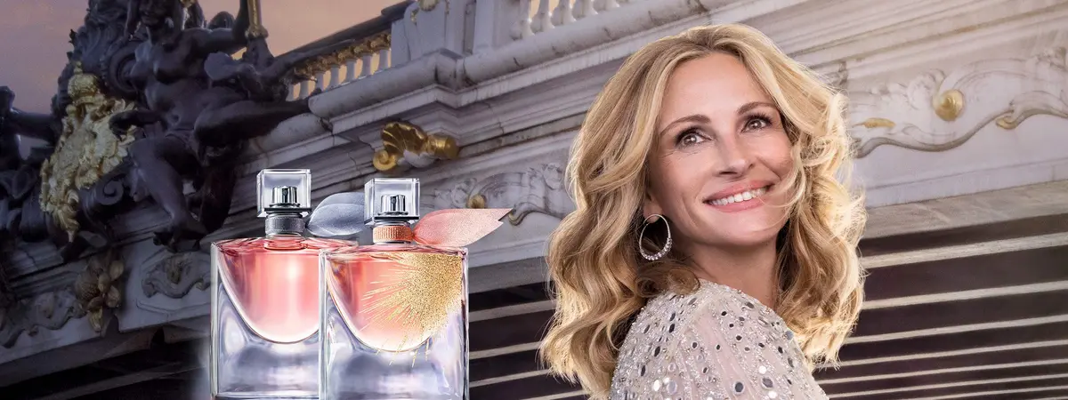 Der Flakon von La vie est belle und Oui La vie est belle von Lancôme mit Markenbotschafterin Julia Roberts
