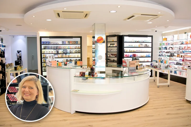 Innenansicht der Parfümerie Stutz mit integriertem Foto von Danuta Arnold (Beauty-Professional bei YBPN)