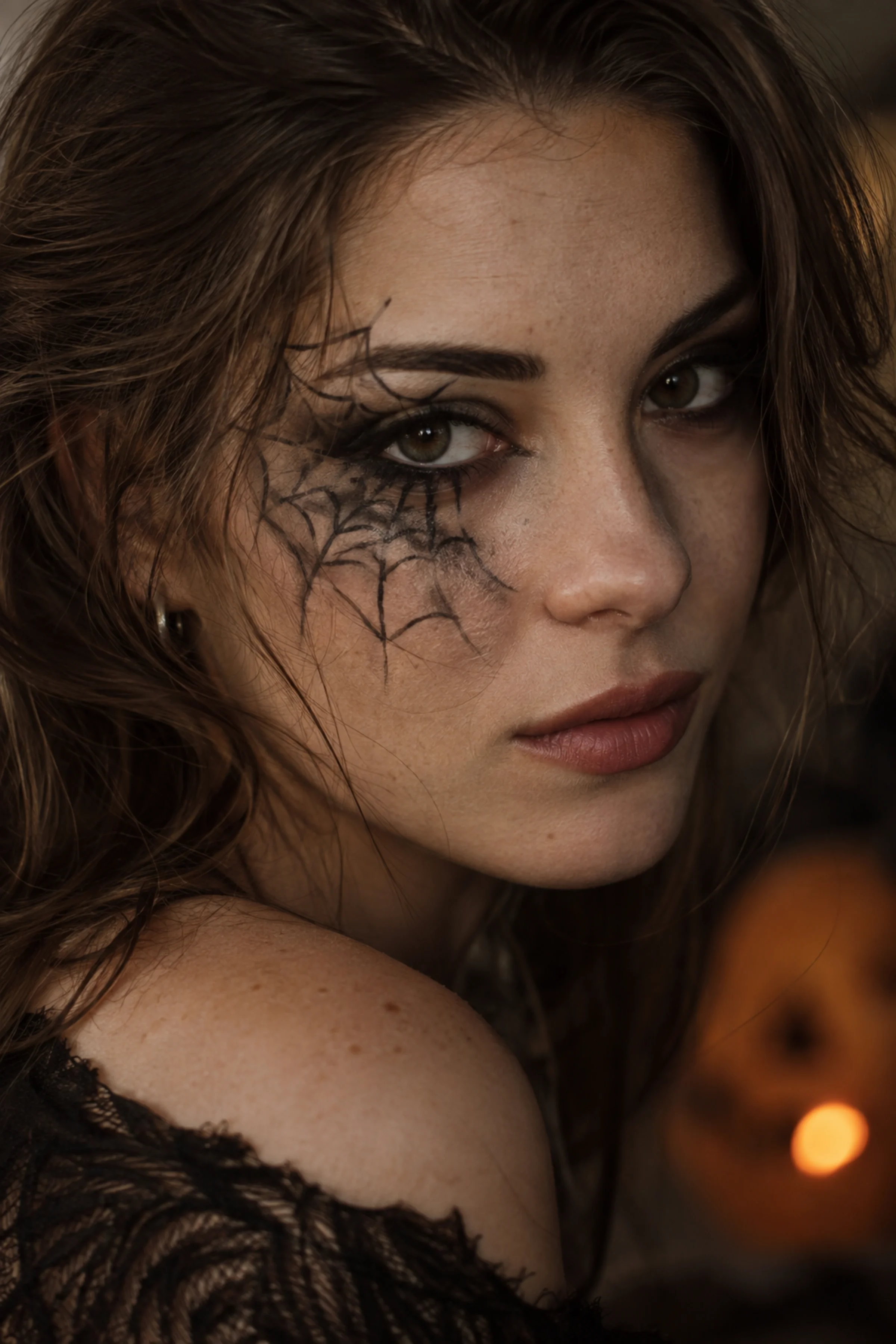 Halloween Schminke mit feinem Spinnennetz von der Braue über die Wange