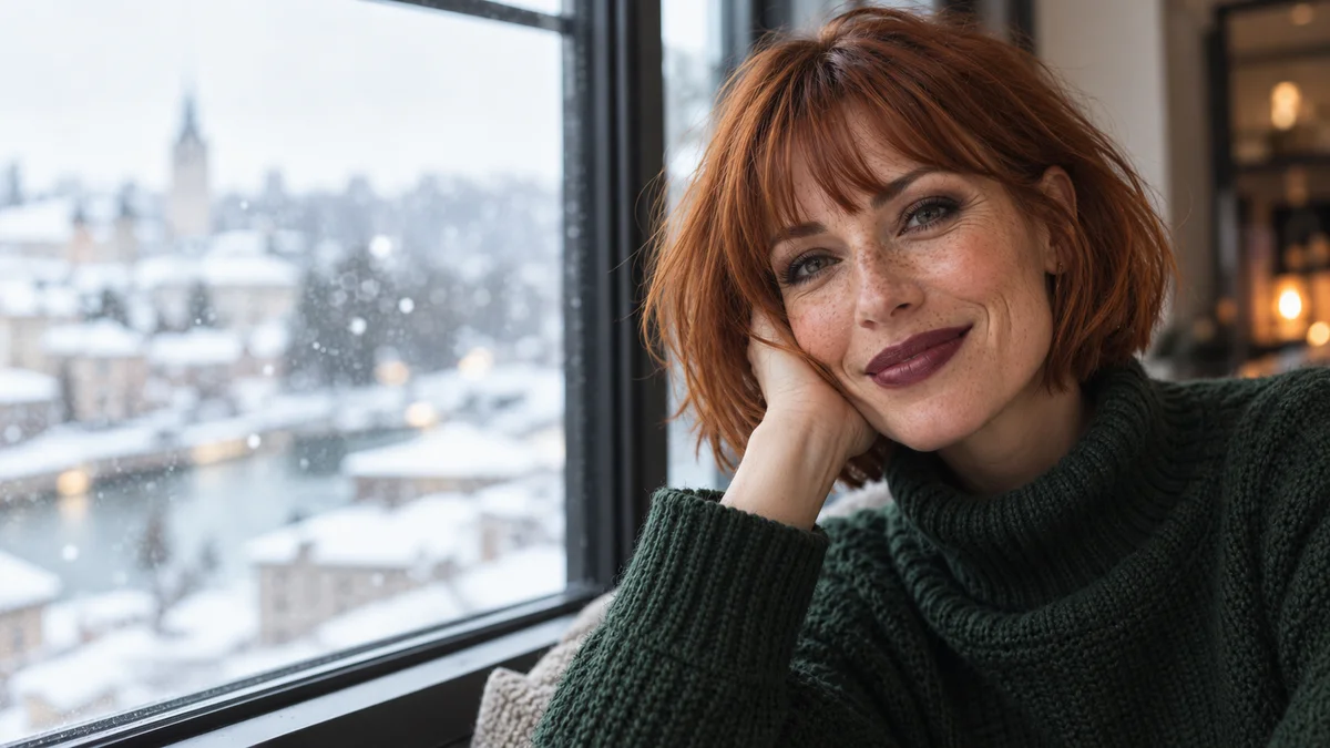 Rothaarige Frau mit Winter-Make-up und Berry Lips im Rollkragenpullover am Fenster bei Schneefal