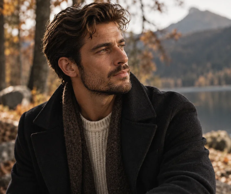 Mann in dunklem Wollmantel und Strickschal sitzt an einem herbstlichen Bergsee und blickt zur Seite
