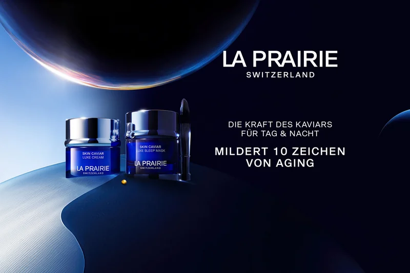 Kampagnenvisual La Prairie mit Skin Caviar Luxe Cream und Luxe Sleep Mask
