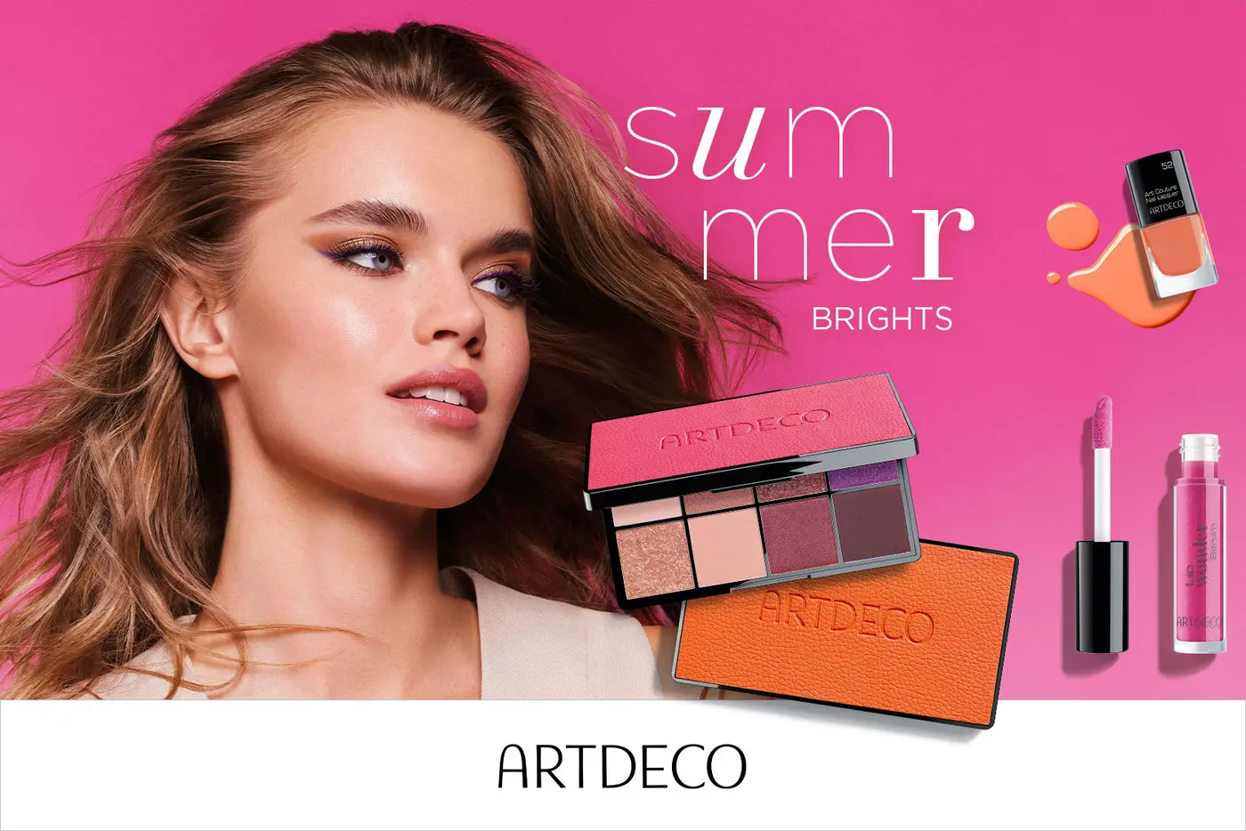 Kampagnenvisual der ARTDECO "Summer Brights" Kollektion mit verschiedenen Make-up Produkten
