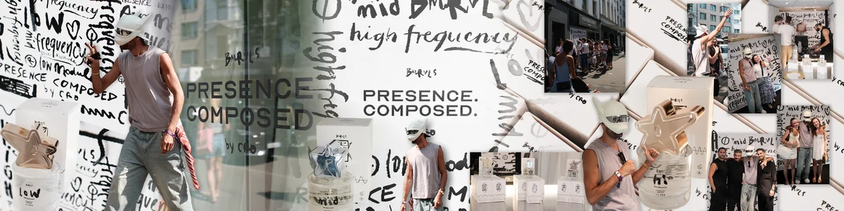 Bildcollage: Rapper Cro mit weißer Panda-Maske, Flakons der Kollektion Presence Composed und Fans beim Launch-Event in der Parfümerie Becker in Düsseldorf