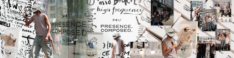 Bildcollage: Rapper Cro mit weißer Panda-Maske, Flakons der Kollektion Presence Composed und Fans beim Launch-Event in der Parfümerie Becker in Düsseldorf