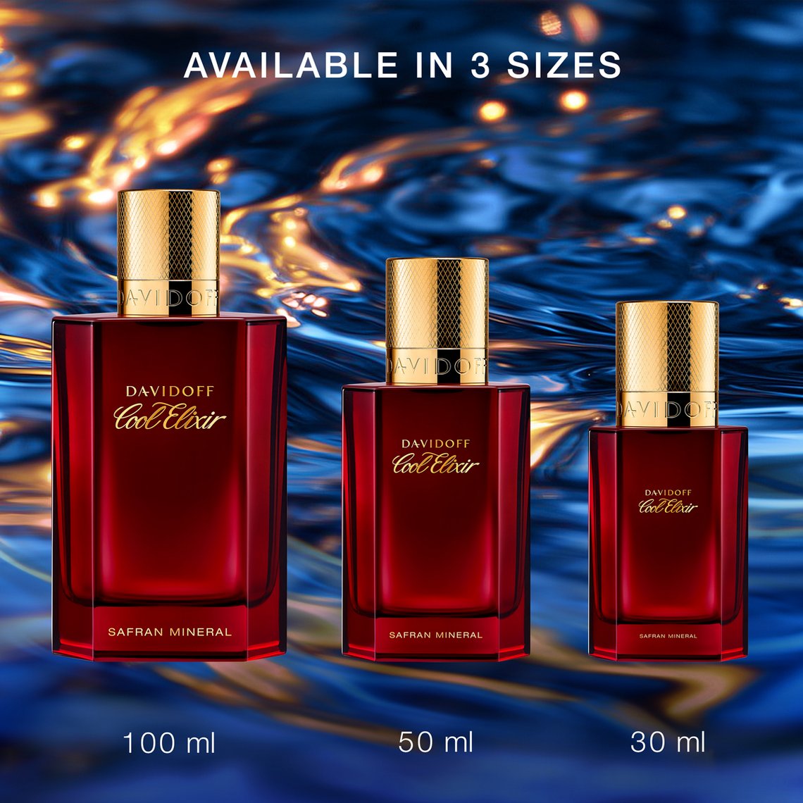 Davidoff Cool Elixir Parfum in drei Größen 100 ml, 50 ml und 30 ml vor schimmerndem Wasserhintergrund