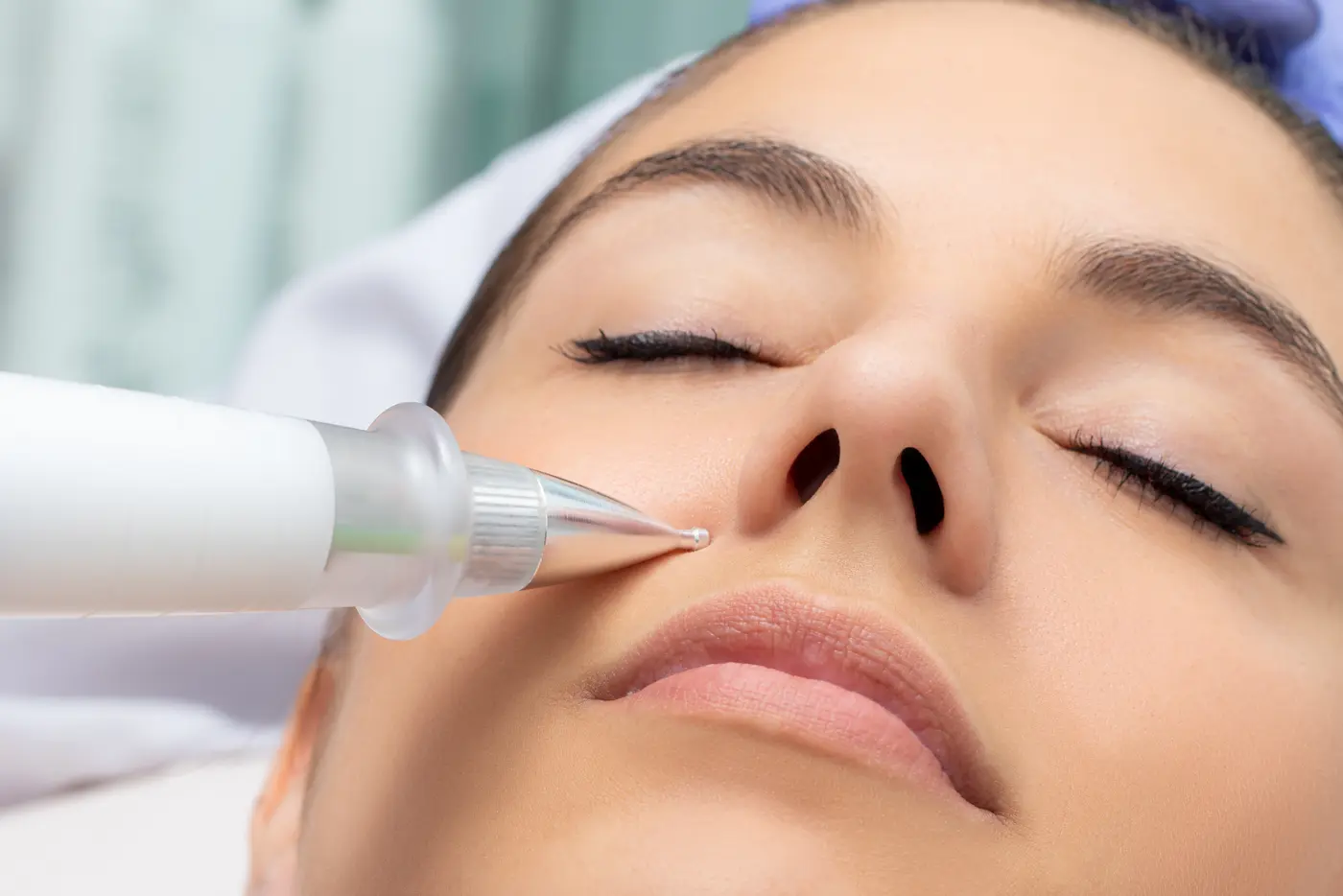 Junge Frau bekommt Fibroblast Treatment in der Beauty Lounge
