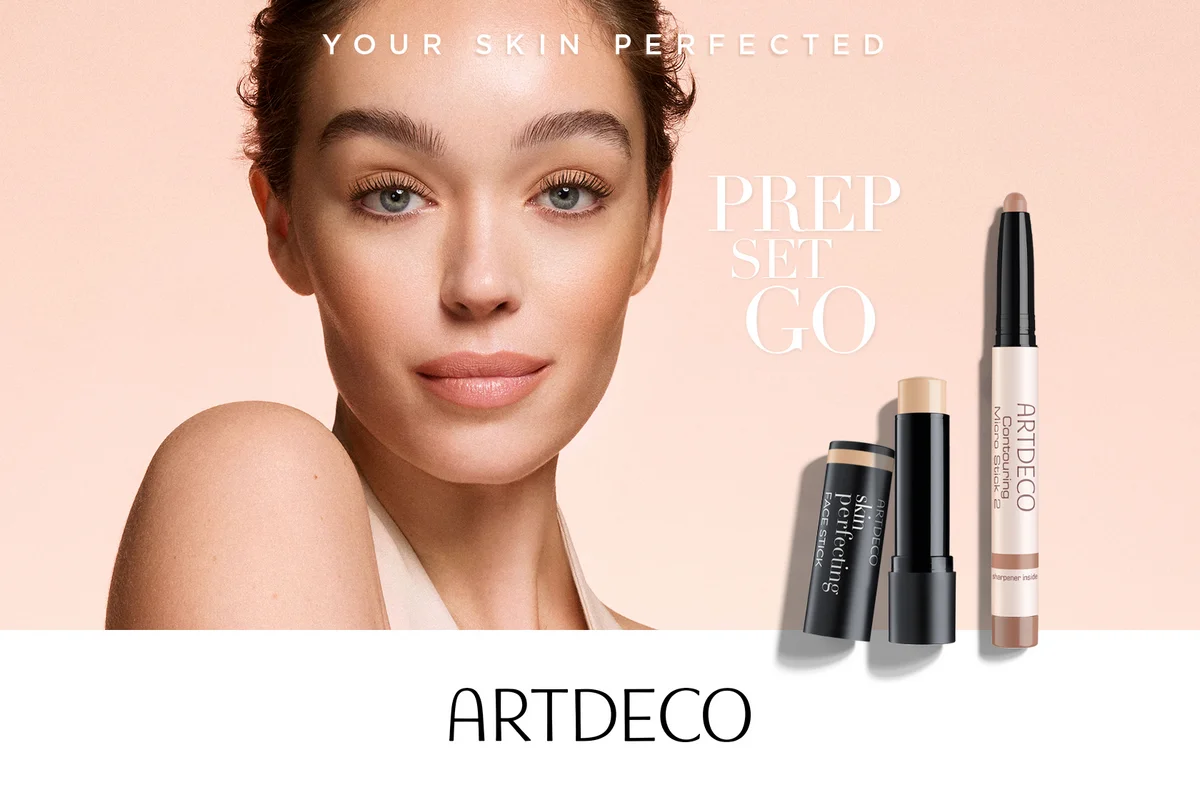 Artdeco Second Skin Make-up Kampagne mit Model und Teint-Produkten für einen ebenmäßigen, natürlichen Look