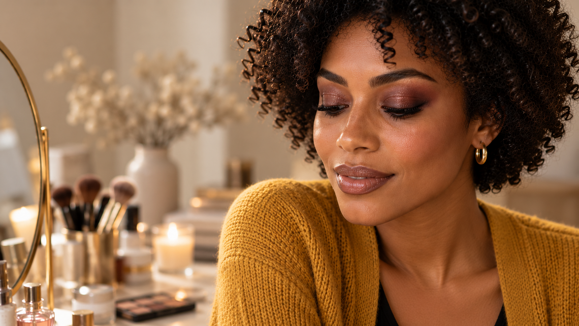 Frau mit weichen Smokey Eyes in Schokobraun und Bordeaux als Winter-Augen-Make-up