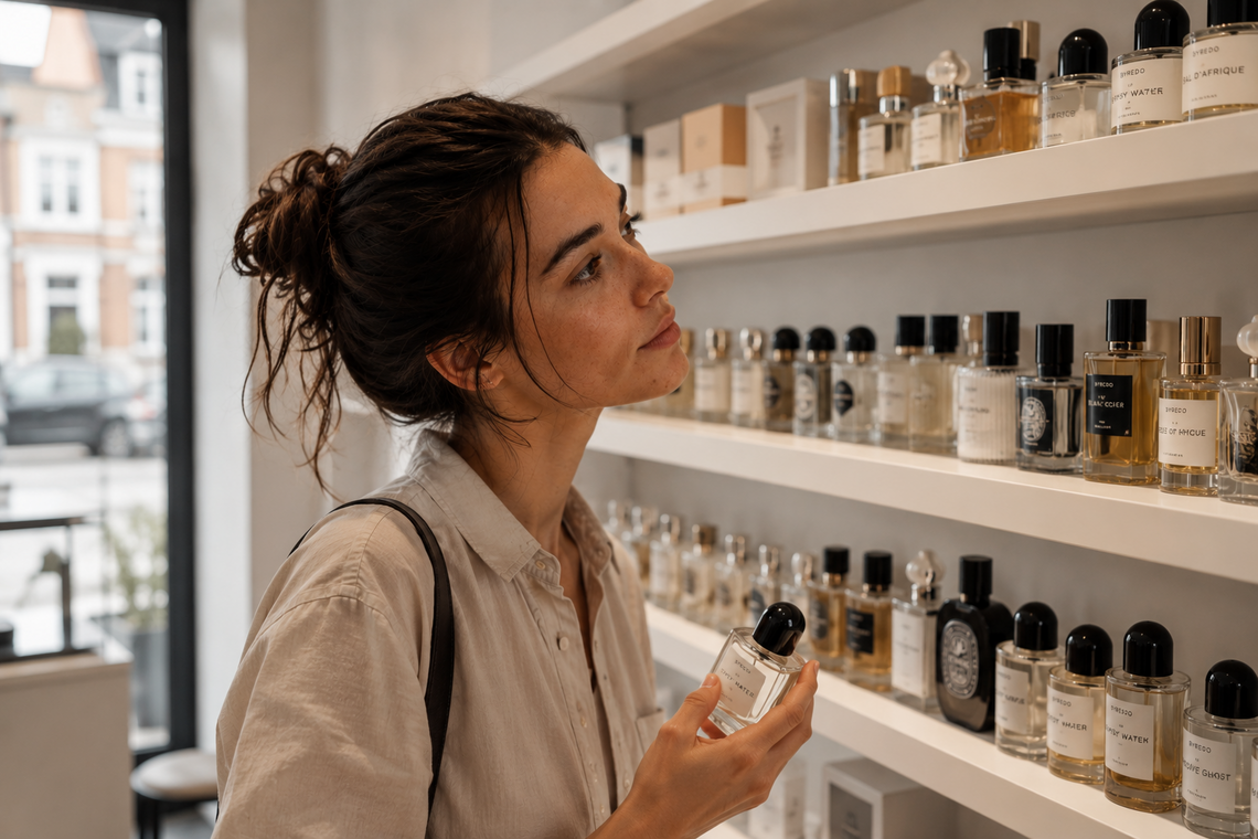Frau in einer Parfümerie hält einen Flakon in der Hand und betrachtet ein Regal voller Parfums