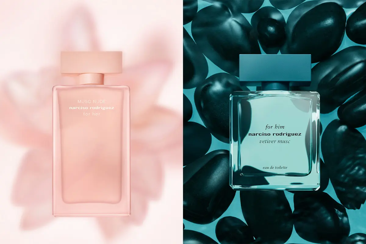 narciso rodriguez Düfte for her MUSC NUDE & for him vetiver musc als Kampagnenvisual 