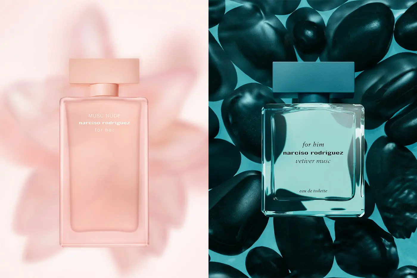 narciso rodriguez Düfte for her MUSC NUDE & for him vetiver musc als Kampagnenvisual