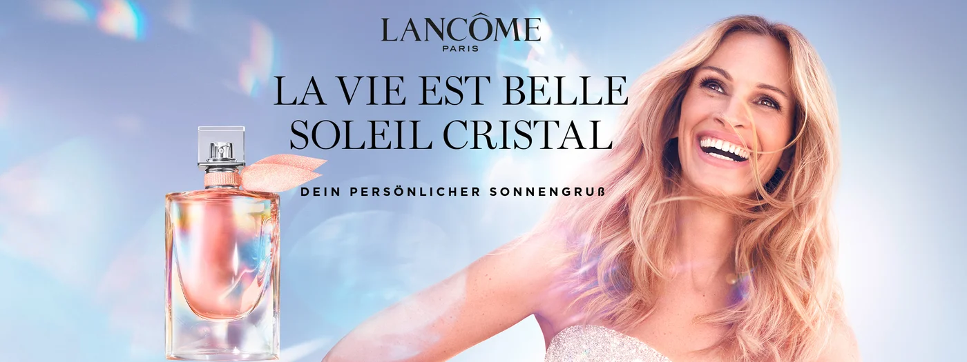 Flakon von La Vie Est Belle Soleil Cristal Eau de Parfum und Markenbotschafterin Julia Roberts