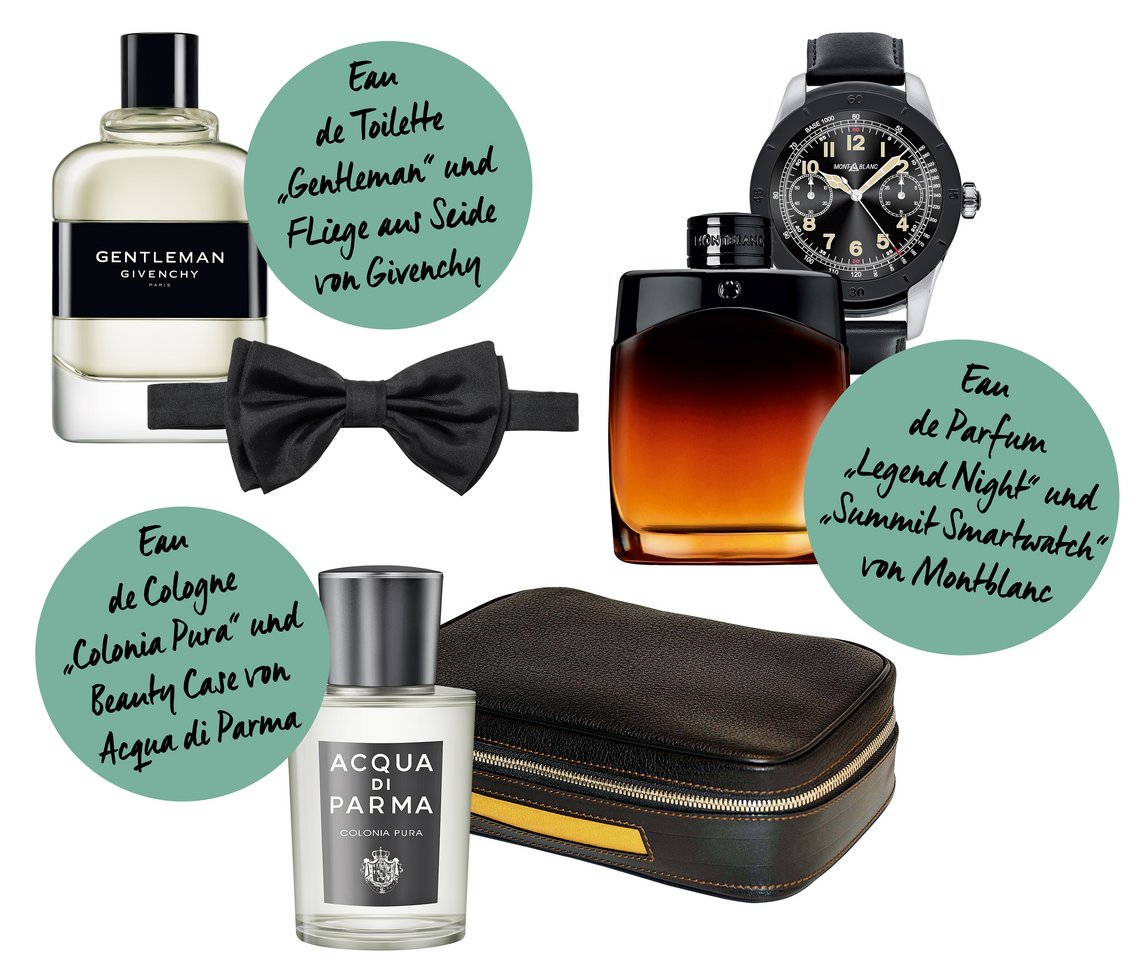 Fliege aus Seide, von Givenchy; „Gentleman“, Eau de Toilette, von Givenchy; Beauty Case, von Acqua di Parma; „Colonia Pura“, Eau de Cologne, von Acqua di Parma; “Legend Night”, Eau de Parfum, von Montblanc; „Summit Smartwatch“ von Montblanc