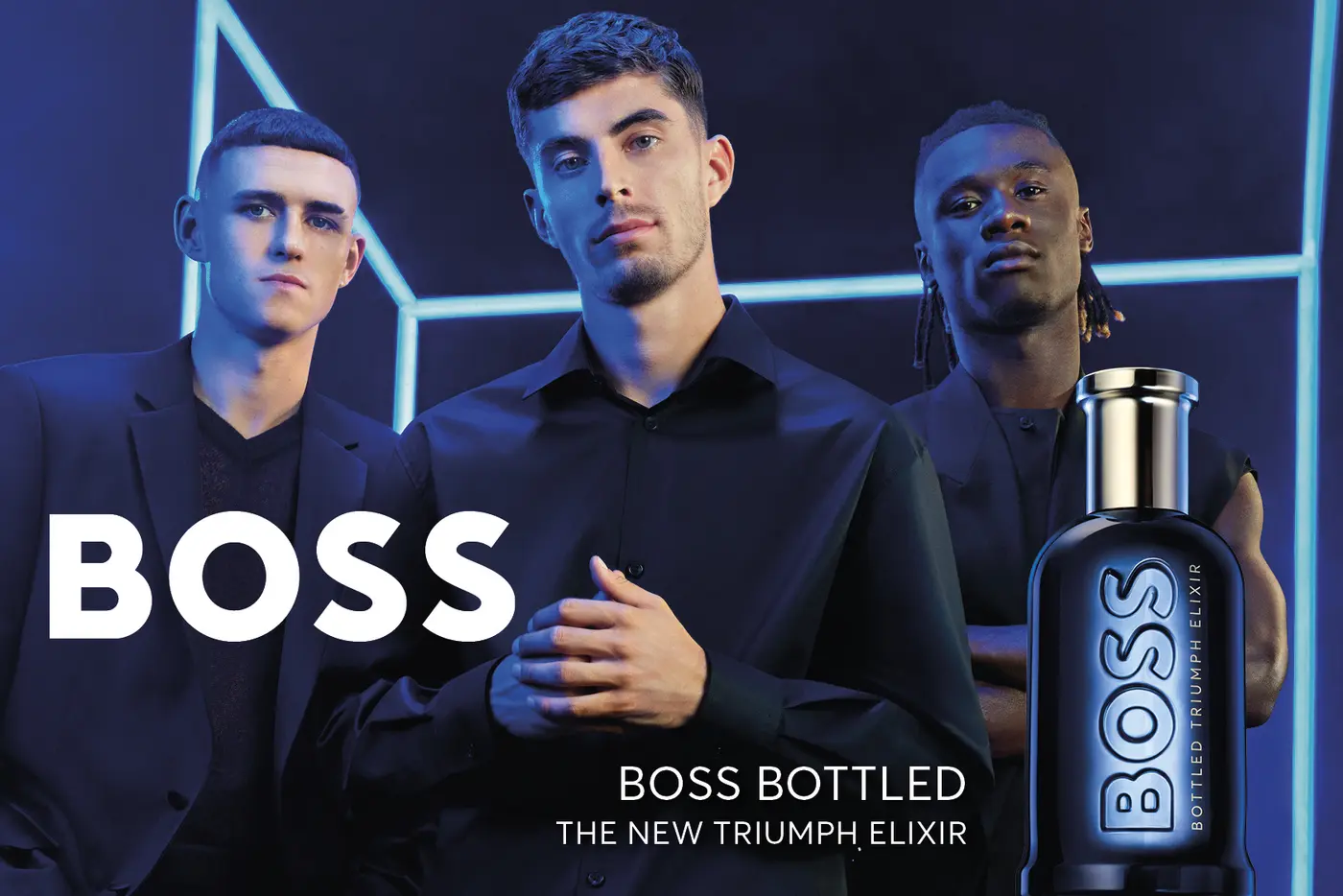 Eduardo Camavinga, Phil Foden und Kai Havertz als Kampagnengesichter für BOSS Bottled Triumph Elixir