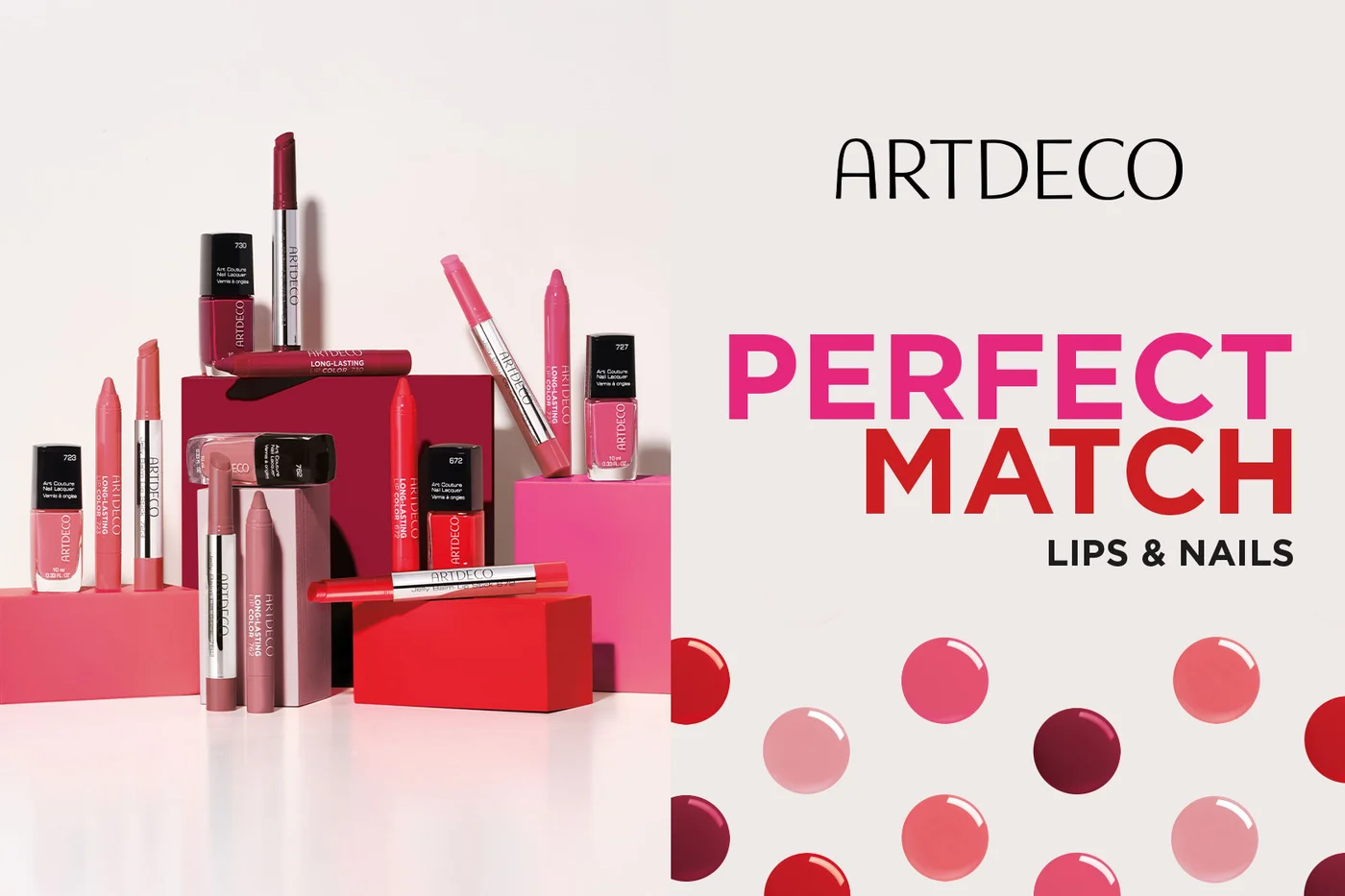 Kampagnenvisual  ARTDECO Perfect Match, Abbildung mit verschiedenen Lippenstiften und Nagellacken