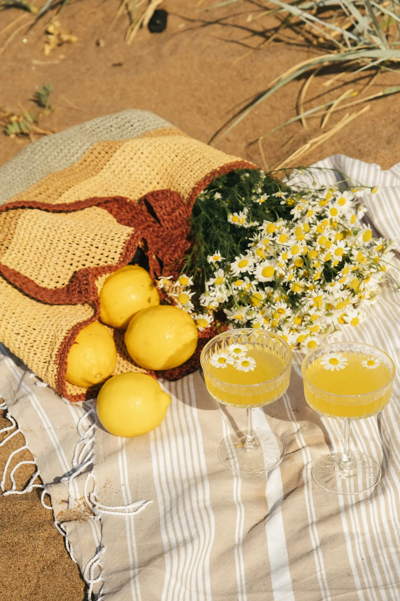 Arrangement mit Zitronen, 2 Gläser Limonade und Gänseblümchen auf einem Handtuch