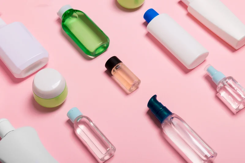 Beauty-Produkte auf pinkem Hintergrund