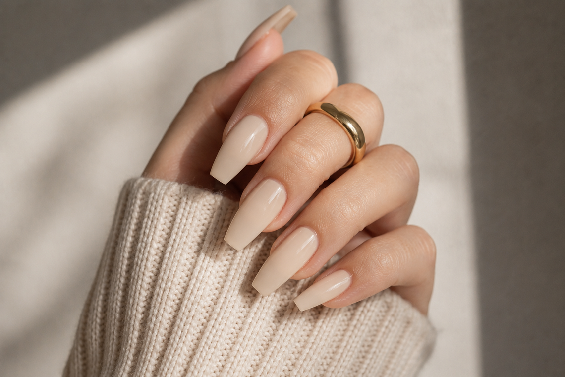 Lange Gelnägel in Ballerina-Form in einem cremigen Nude-Ton