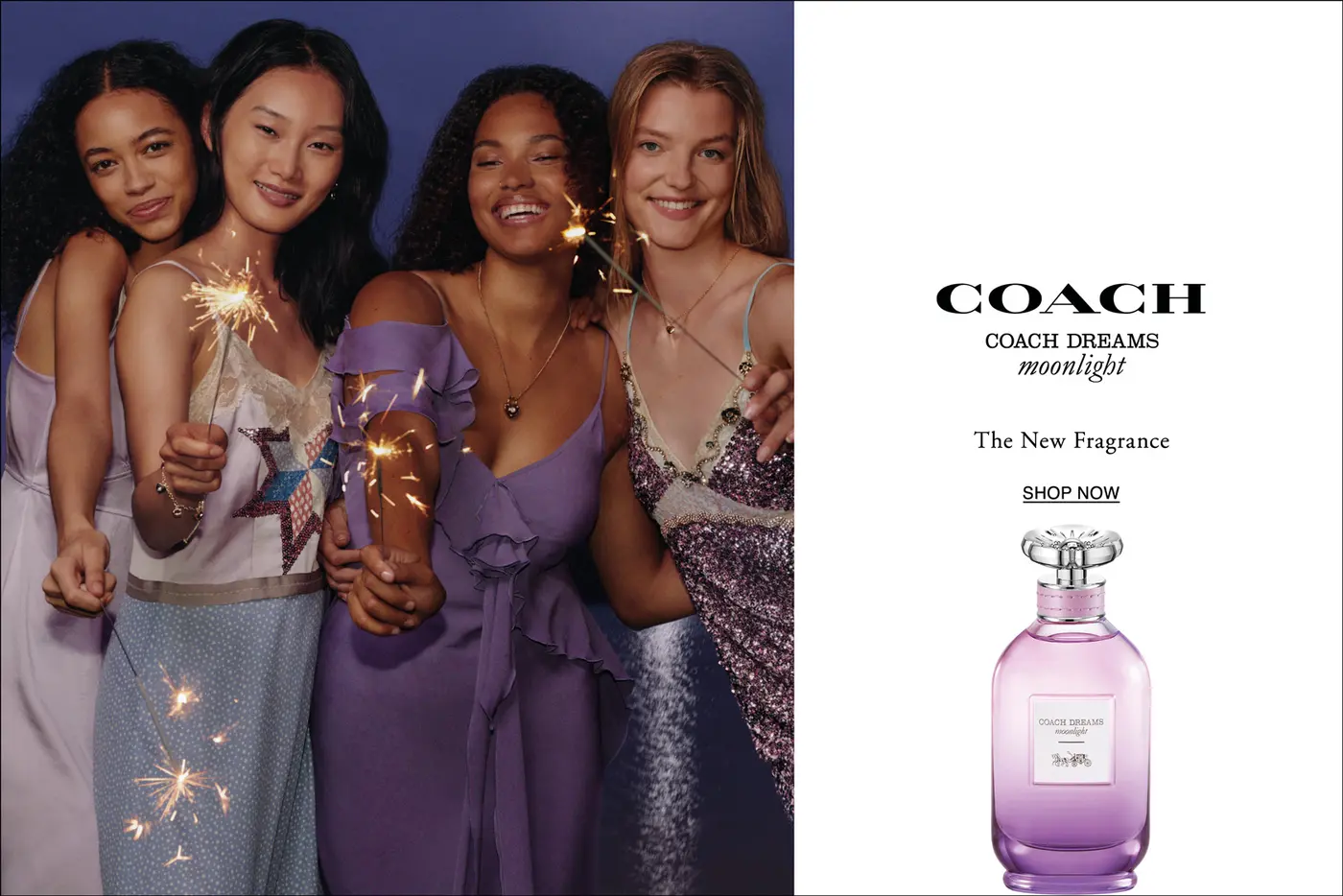 Kampagnenvisual mit verschiedenen Models und Flakon von COACH Dreams Moonlight