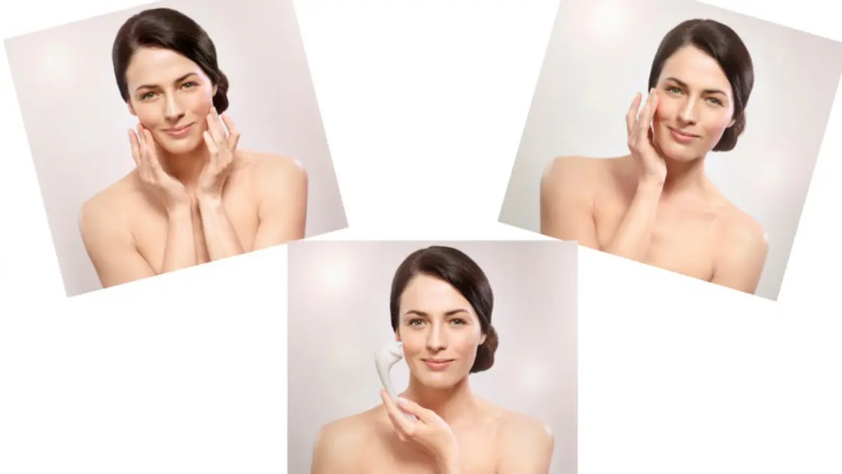 Collage von einer Frau, die Pflegeprodukte benutzt