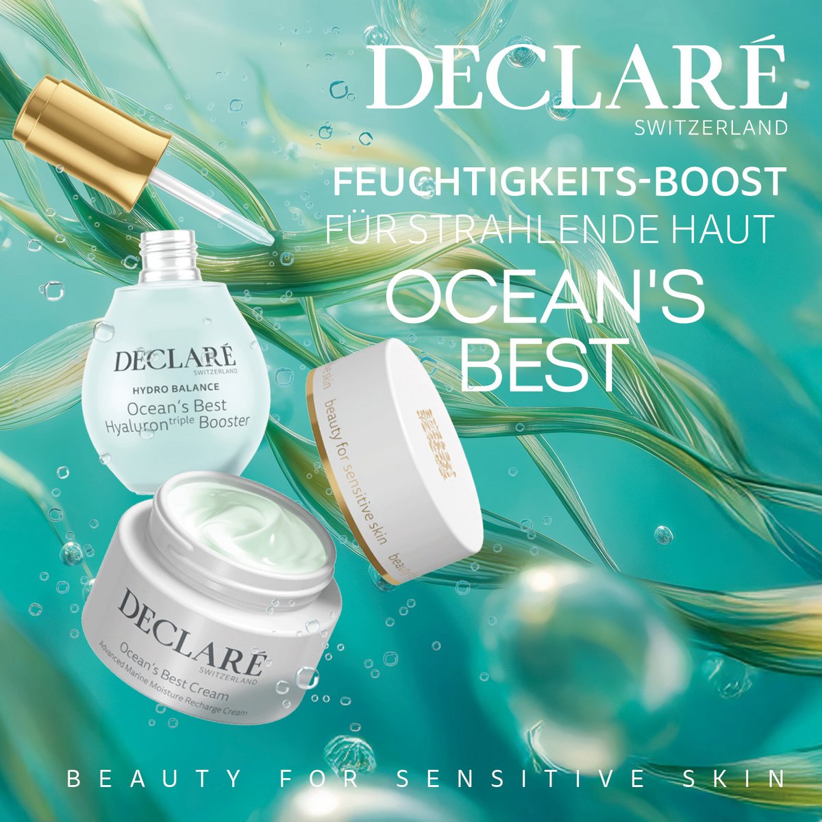 Declaré Ocean’s Best Hautpflege mit Serum, Creme und Pipette vor aquatischem Hintergrund, Feuchtigkeits-Boost für strahlende Haut