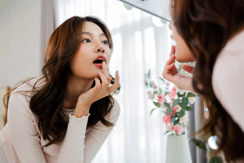 Frau vor dem Spiegel trägt Lipbalm auf