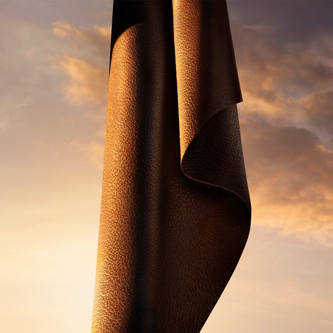 Nahaufnahme von fließendem, sonnenbeschienenem Leder vor Sonnenuntergangshimmel – Duftnote der Giorgio Armani I Will Kampagne