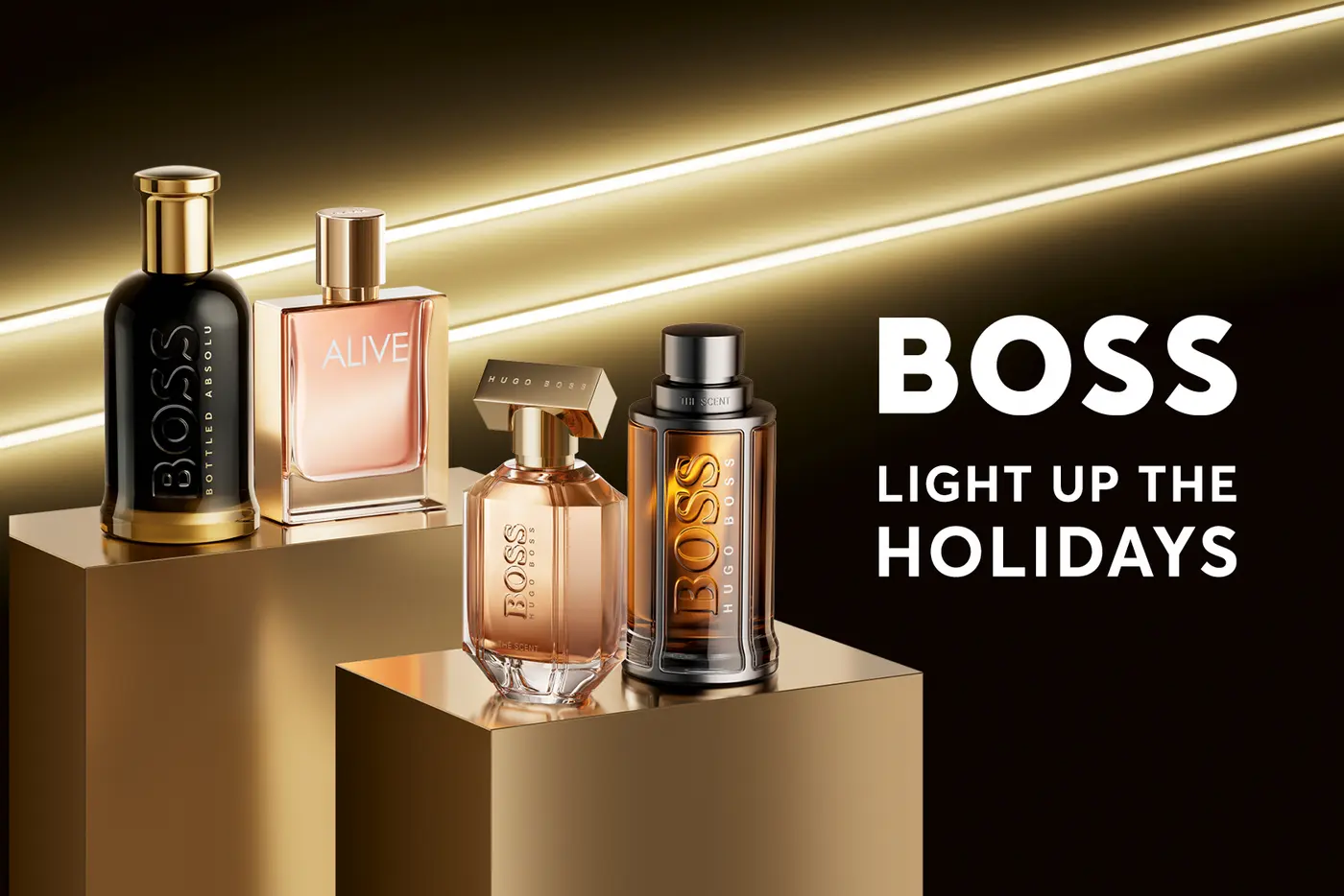 Kampagnenvisual BOSS Parfums mit verschiedenen Parfum Flakons