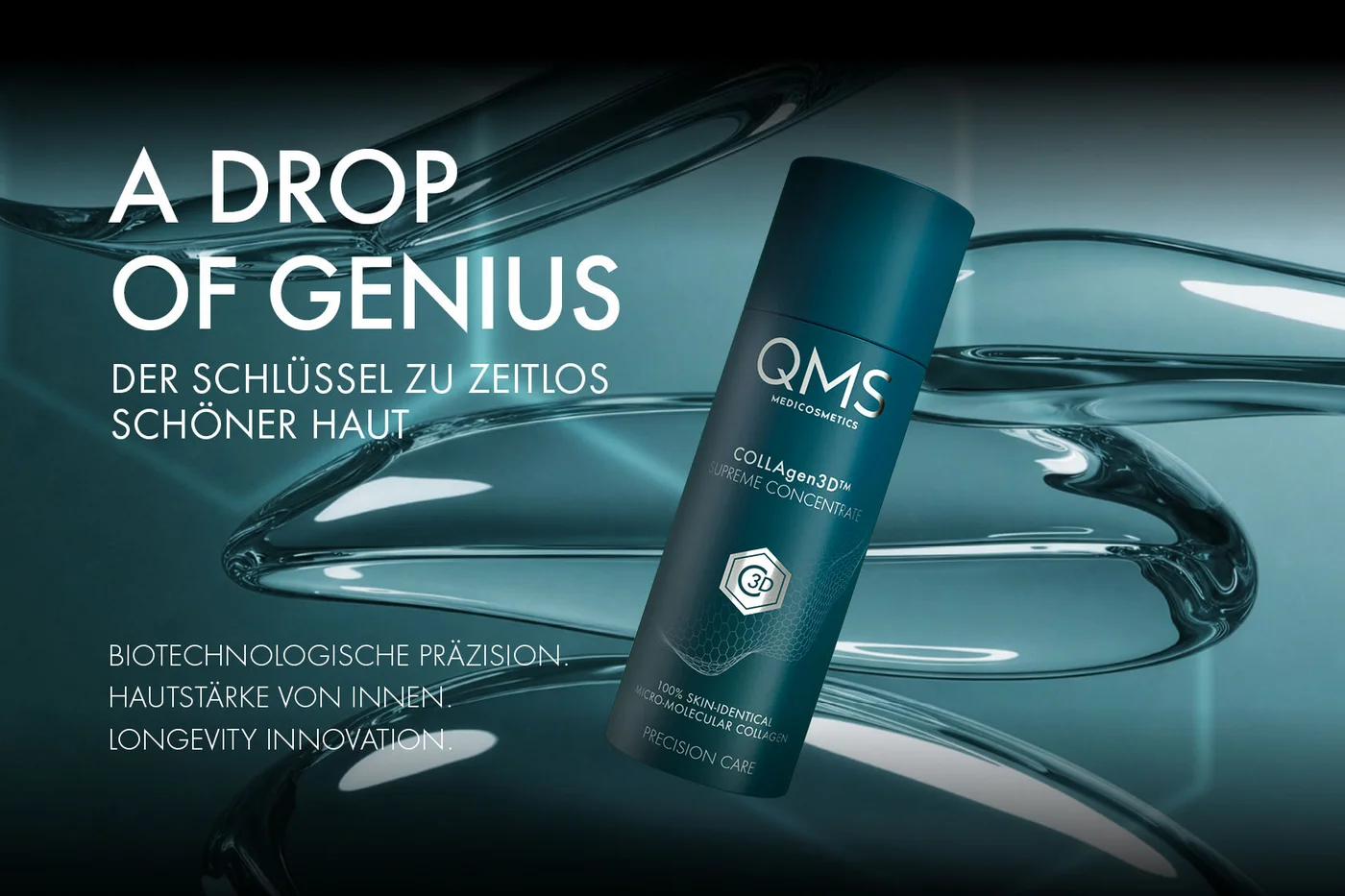 QMS Medicosmetics COLLAgen3D Supreme Concentrate Kollagen-Konzentrat in dunkelgrüner Flasche vor Wasserstruktur