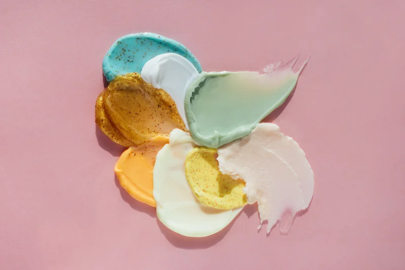 Kleckse von Kosmetikprodukten verschiedener Farben und Texturen auf rosa Hintergrund