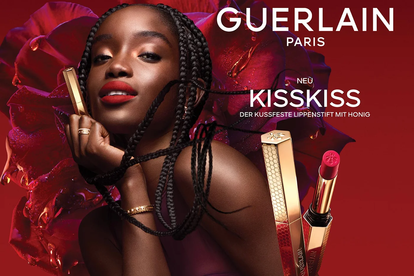 Kampagnenvisual GUERLAIN KISSKISS, Modelabbildung mit Produkt