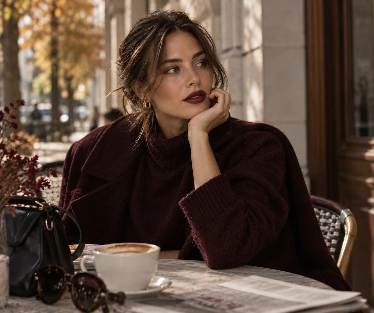 Frau mit mattem Lippenstift in Burgunderrot und weinrotem Strickpullover sitzt im Herbst vor einem Café