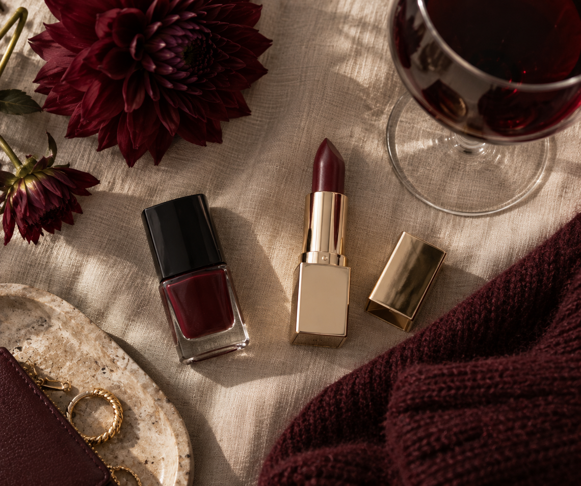 Lippenstift und Nagellack in Burgunderrot mit dunkelroten Dahlien, weinrotem Strick und Goldschmuck auf beigem Leinen