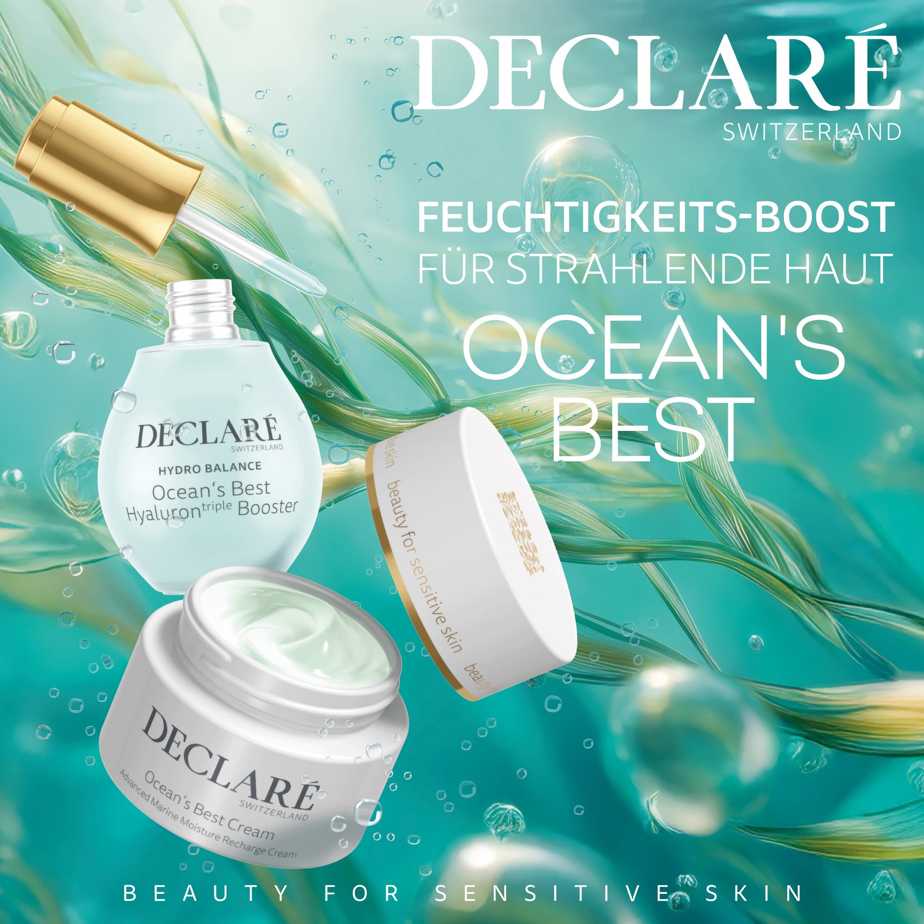 Declaré Switzerland Hydro Balance Ocean's Best Pflegeserie mit Hyaluron Triple Booster Serum und Advanced Marine Moisture Recharge Cream vor einem maritimen Hintergrund mit Wassertropfen.