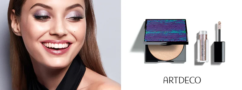 Model, Puder, Lidschatten und Schriftzug