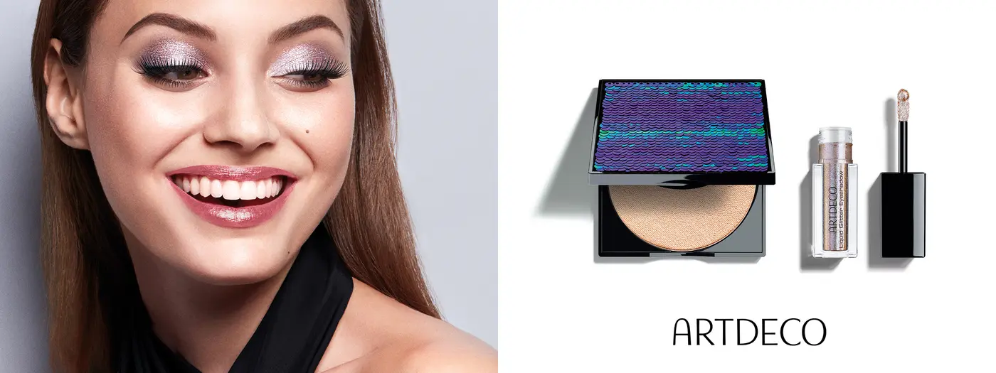 Model, Puder, Lidschatten und Schriftzug