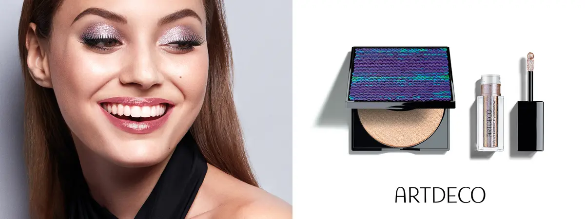 Model, Puder, Lidschatten und Schriftzug