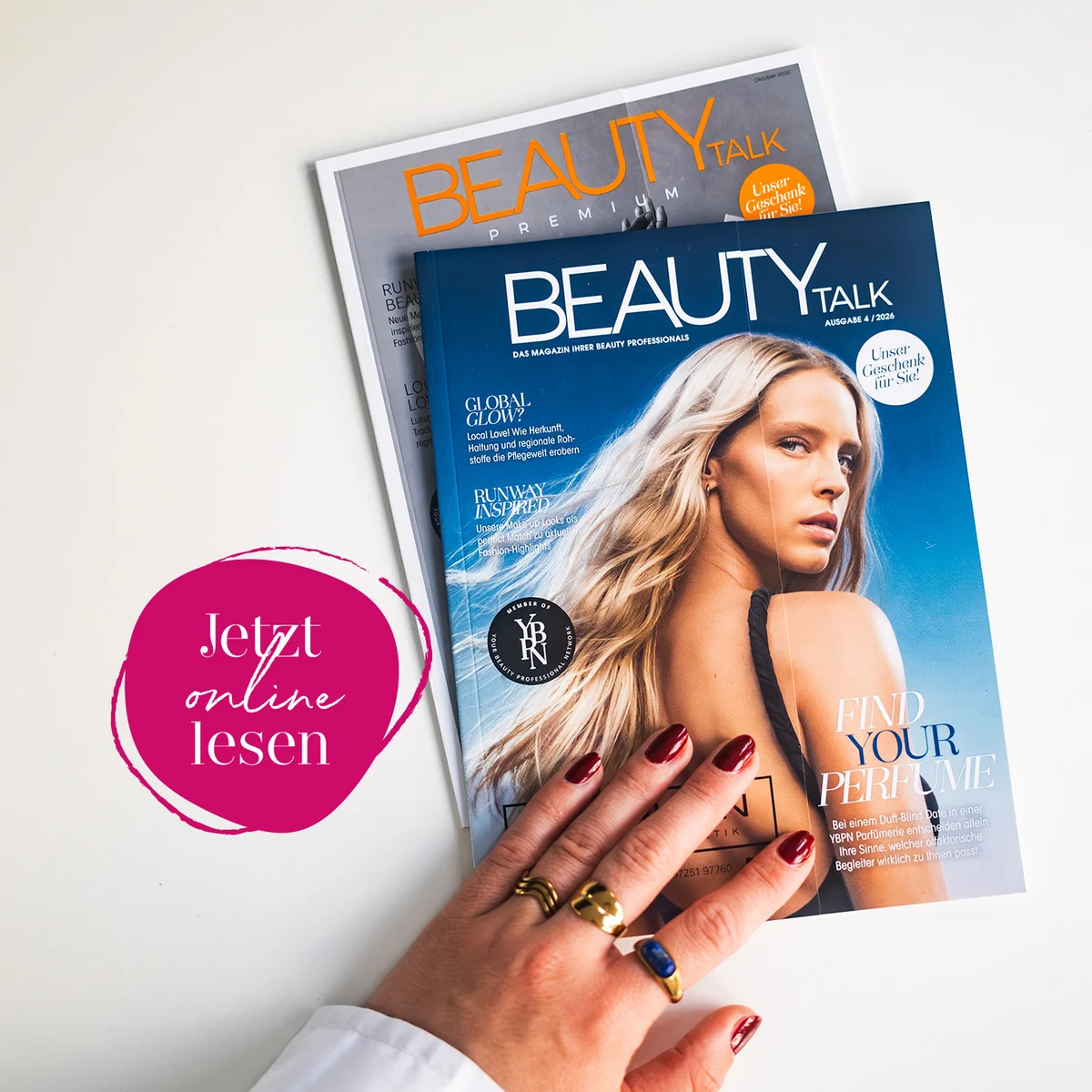 BeautyTalk Magazin Ausgabe 4/2026 „Find Your Perfume“ mit Button „Jetzt online lesen“