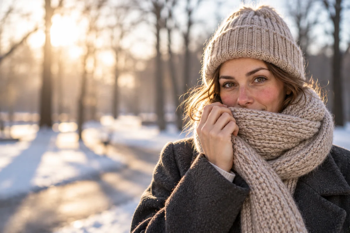 Frau mit kältegeröteten Wangen und Nase zieht an einem Wintermorgen ihren Wollschal bis über den Mund