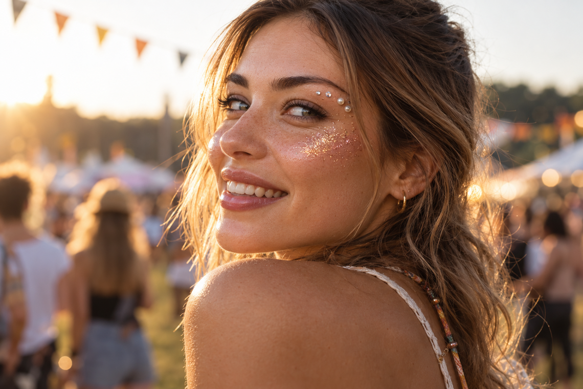 Lachende Frau mit Face Gems am Augenwinkel und Glitzer auf dem Wangenknochen auf einem Festival