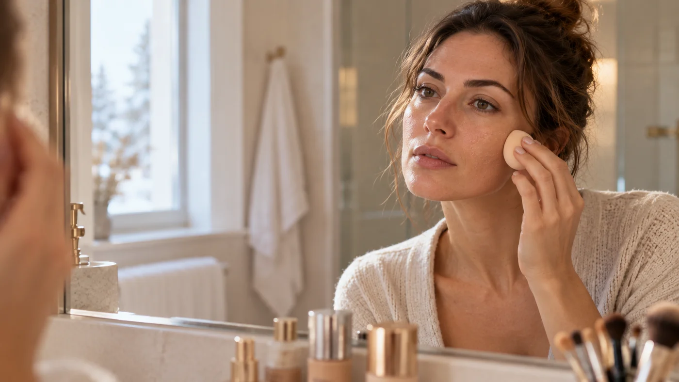 Frau tupft Foundation mit einem Make-up-Schwamm auf die Wange