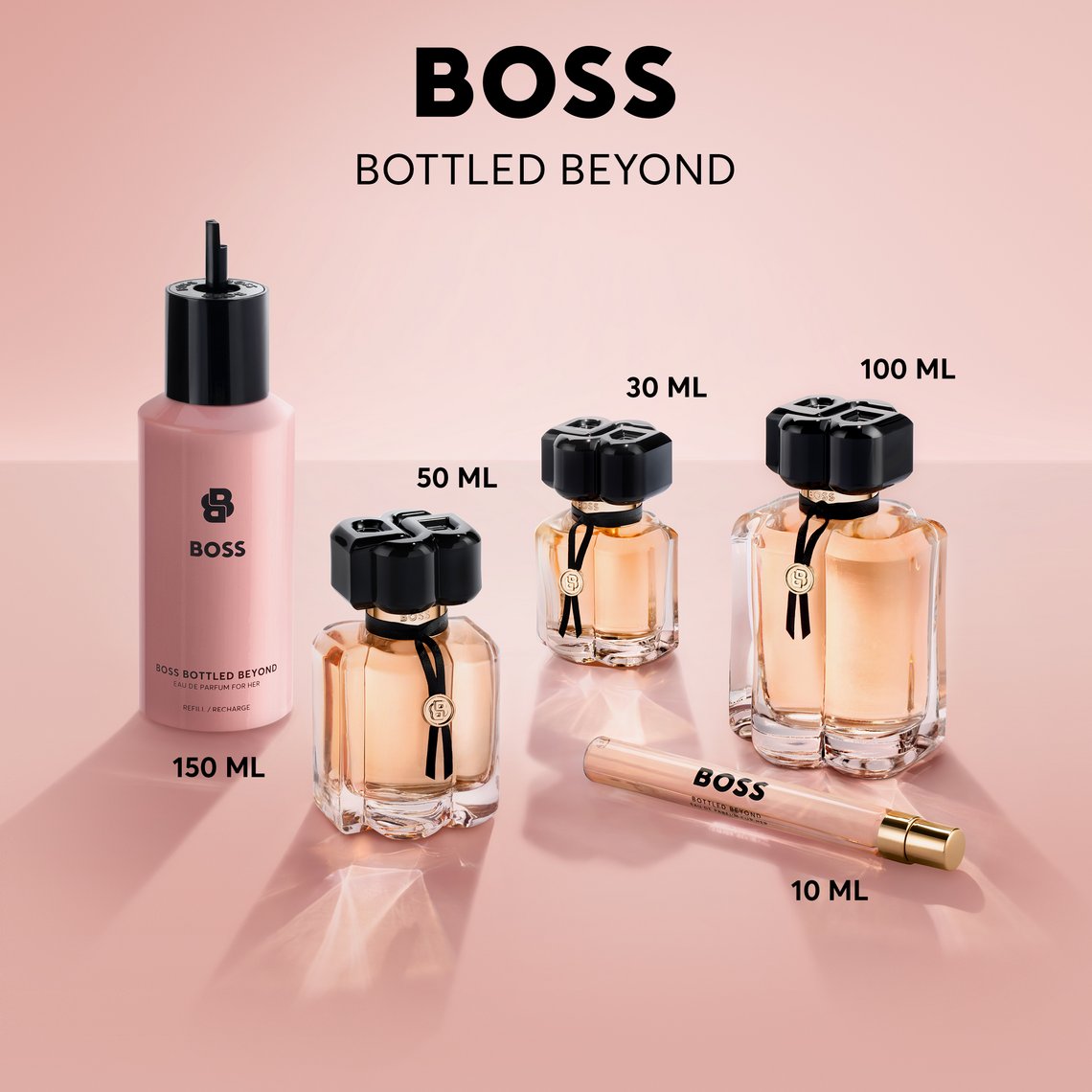 BOSS Bottled Beyond Eau de Parfum – Größenübersicht der Flakons: 10 ml, 30 ml, 50 ml, 100 ml und 150 ml Refill