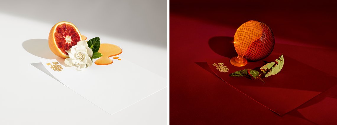 Orange im Netz liegt auf rotem Untergrund