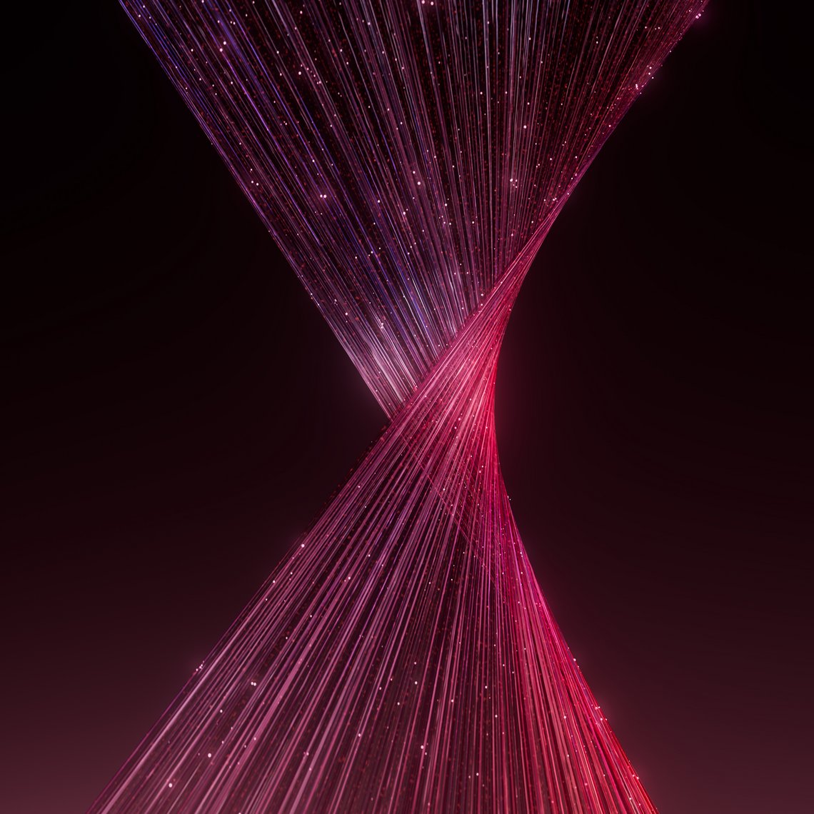 Abstrakte Darstellung von kollagenähnlichen Fasern in Rot- und Violetttönen, die sich spiralförmig verdichten und für straffende Hautpflege stehen