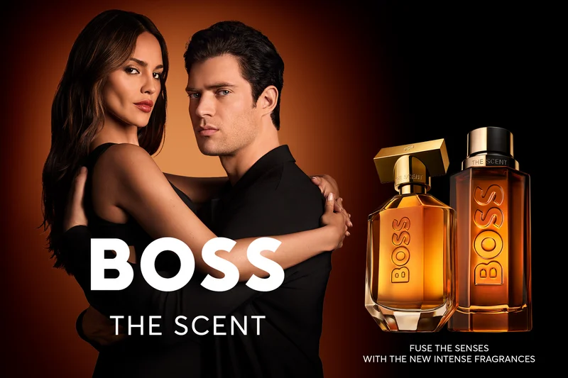 Kampagnenvisual BOSS The Scent Eau de Parfum Intense mit Eiza González und David Corenswet 