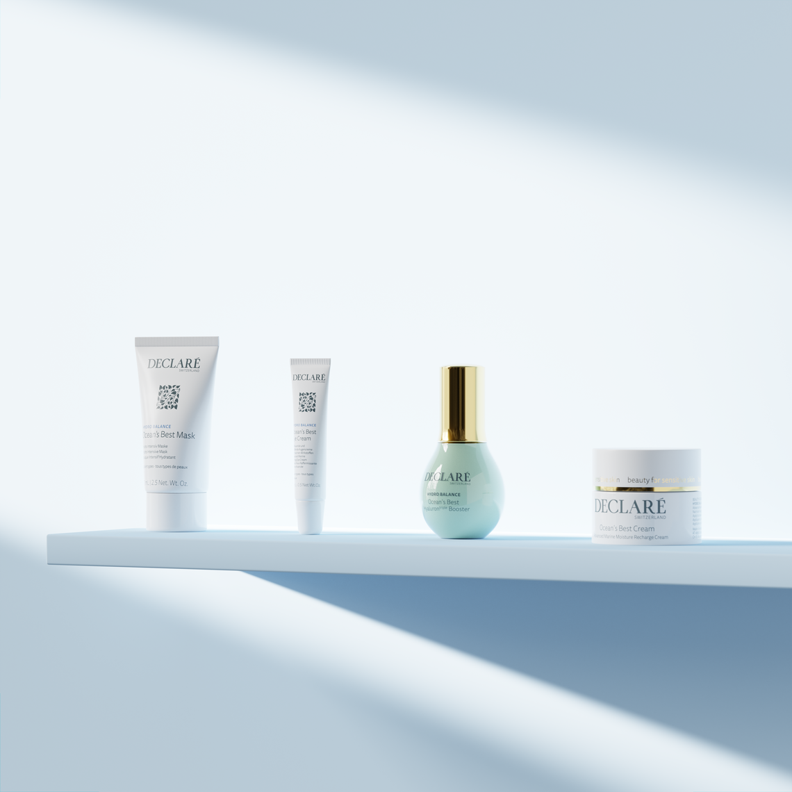 Declaré Ocean’s Best Pflegeserie mit Maske, Augencreme, Serum und Gesichtscreme auf minimalistischer Fläche, Feuchtigkeitspflege für empfindliche Haut