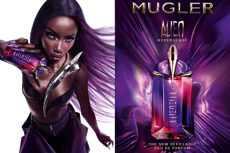 Kampagnenviusal zu Alien Hypersense von Mugler mit Model Anok Yai und Parfum-Flakon